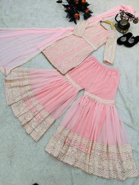 Pink Stitched Georgette Sharara Suit For Women