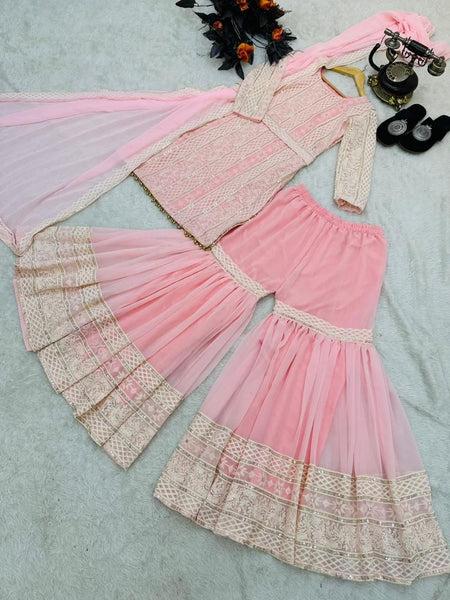 Pink Stitched Georgette Sharara Suit For Women
