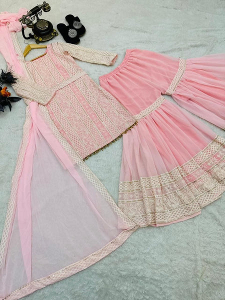 Pink Stitched Georgette Sharara Suit For Women