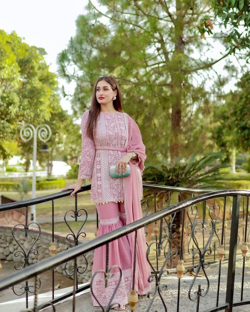 Pink Stitched Georgette Sharara Suit For Women