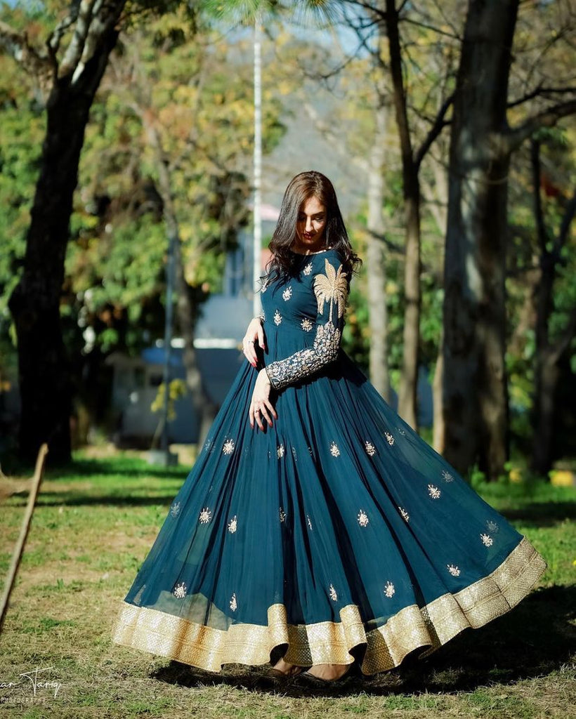 Peacock Blue Embroidery, Sequins, Stone, Pearl and Zardozi work Long P –  Seasons Chennai