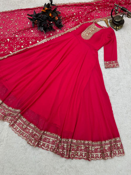 Rani Color Large Flair Anarkali Gown with Dupatta For Women