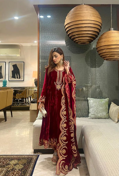 Velvet Long Gown Dupatta Suit Set