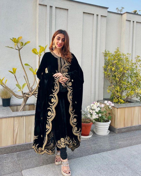 Velvet Long Gown Dupatta Suit Set