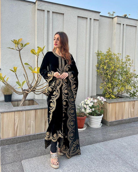 Velvet Long Gown Dupatta Suit Set