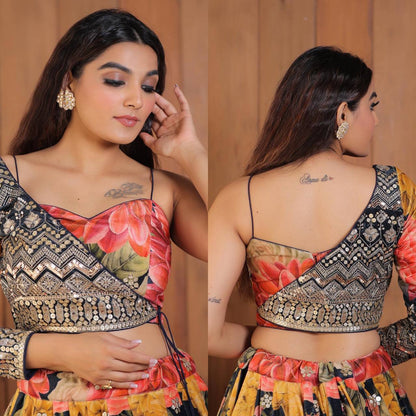 Party Wear Printed Lehenga Choli With Koti For Women