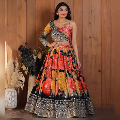 Party Wear Printed Lehenga Choli With Koti For Women
