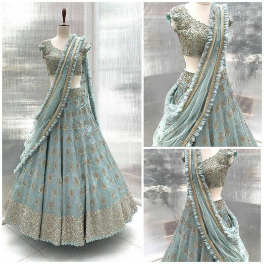 Party Wear sky blue Bangalori Satin Silk Embroidery WorK Lehenga