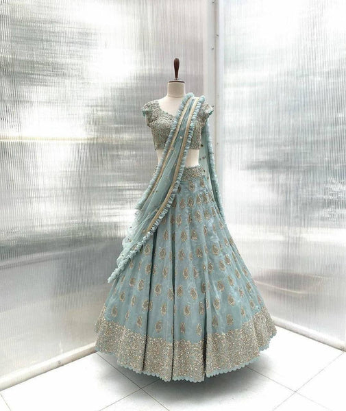 Party Wear sky blue Bangalori Satin Silk Embroidery WorK Lehenga