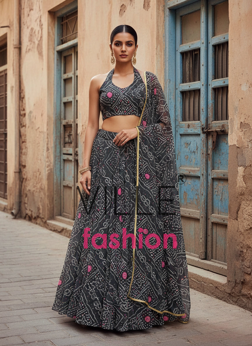 Designer Georgette Lehenga Choli with Printed Work & Lace Border Dupatta