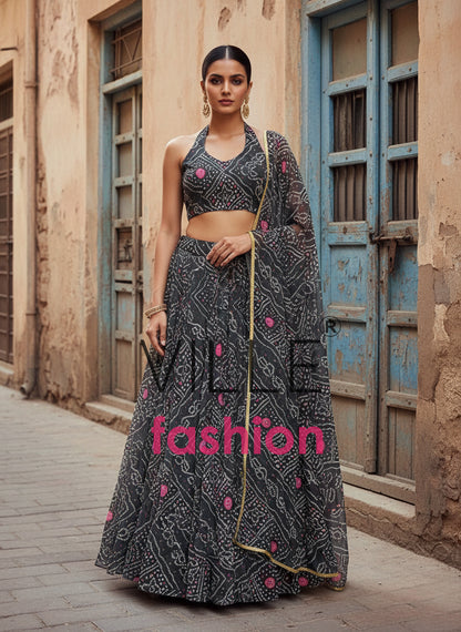 Designer Georgette Lehenga Choli with Printed Work & Lace Border Dupatta