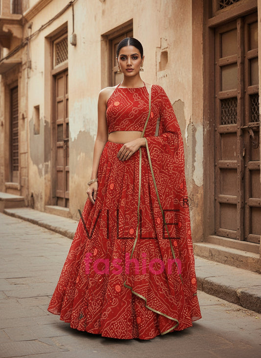 Designer Georgette Lehenga Choli with Printed Work & Lace Border Dupatta