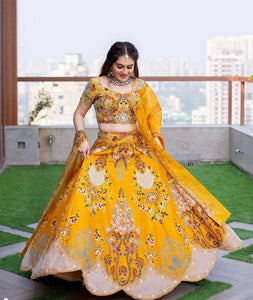 Beautiful designer yellow bangalory satin silk embroidery work Lehenga