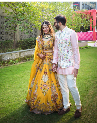 Beautiful designer yellow bangalory satin silk embroidery work Lehenga