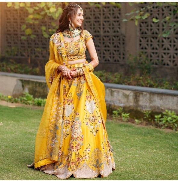 Beautiful designer yellow bangalory satin silk embroidery work Lehenga