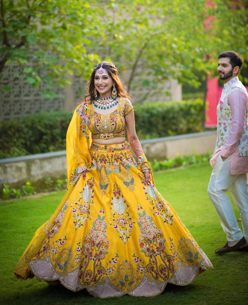 Beautiful designer yellow bangalory satin silk embroidery work Lehenga