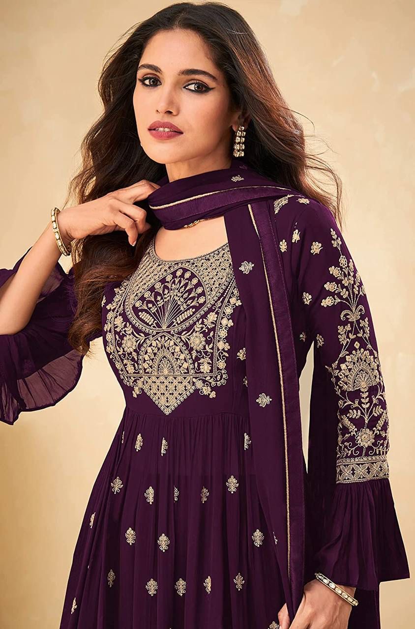 Wine Color Georgette Sharara Salwar suit set for women