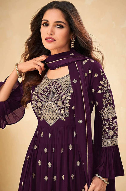 Wine Color Georgette Sharara Salwar suit set for women