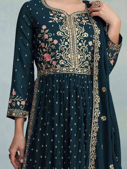 Green Color Embroidery Georgette Kurti Plazo Dupatta Set