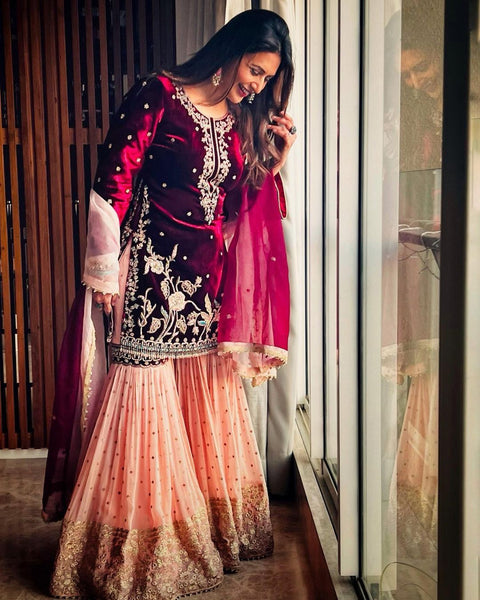 Maroon Sharara Embroidery Velvet Suit set