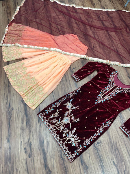 Maroon Sharara Embroidery Velvet Suit set