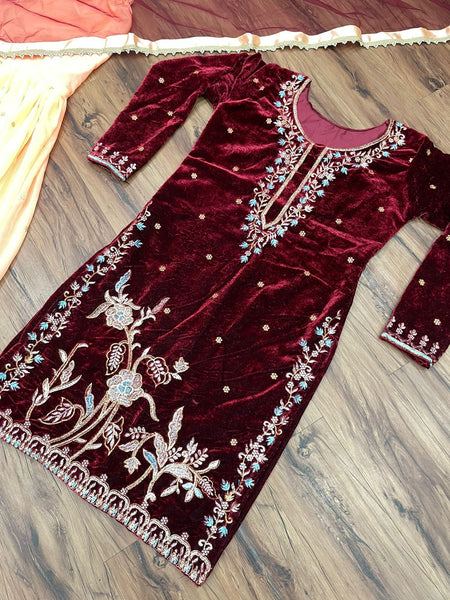 Maroon Sharara Embroidery Velvet Suit set