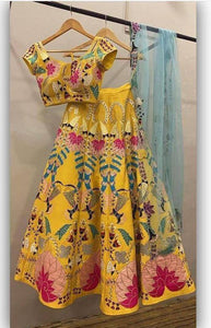 Yellow Color Satin Silk Embroidery Party Wear Lehenga for women