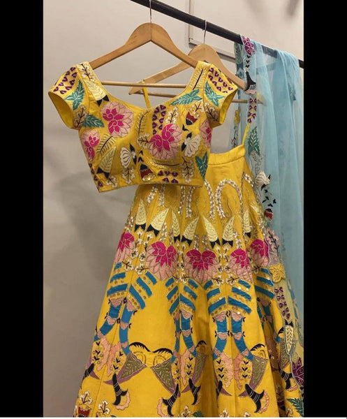 Yellow Color Satin Silk Embroidery Party Wear Lehenga for women