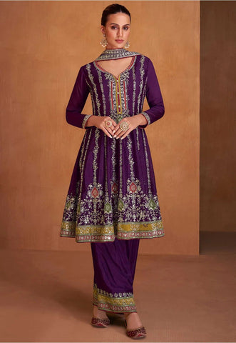 Purple Embroidered Short Anarkali With Pant Style Peplum Suit