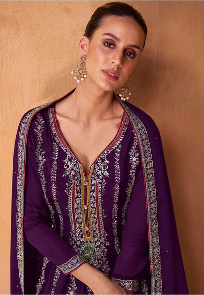 Purple Embroidered Short Anarkali With Pant Style Peplum Suit