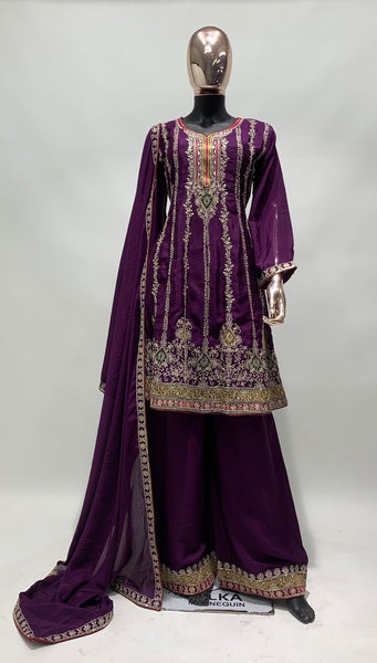 Purple Embroidered Short Anarkali With Pant Style Peplum Suit