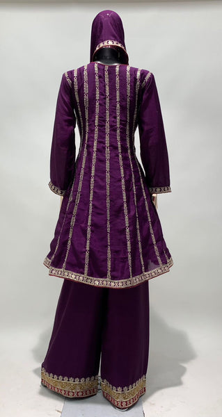 Purple Embroidered Short Anarkali With Pant Style Peplum Suit