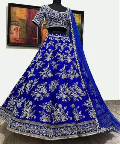 Blue Color Bangalori satin silk Embroidered work Lehenga