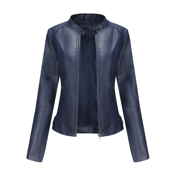 Women's Zip-up Leather Jackets Fashion Solid Color Pockets Stand Collar Top Outwear Clothing