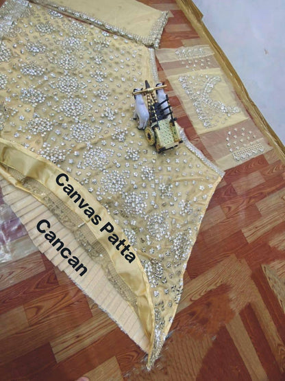 Cream Color Designer Soft Mono net embroidery foil work Lehenga with Cancan