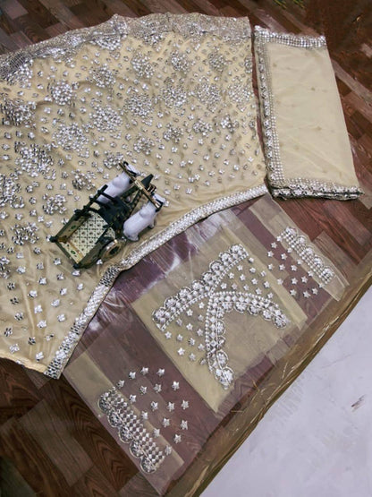 Cream Color Designer Soft Mono net embroidery foil work Lehenga with Cancan