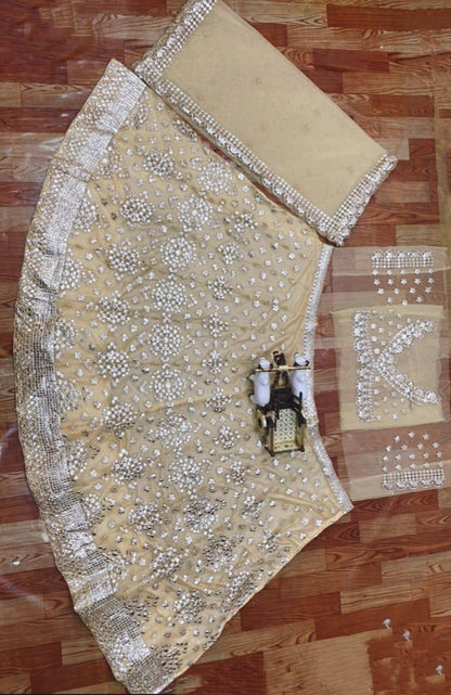 Cream Color Designer Soft Mono net embroidery foil work Lehenga with Cancan