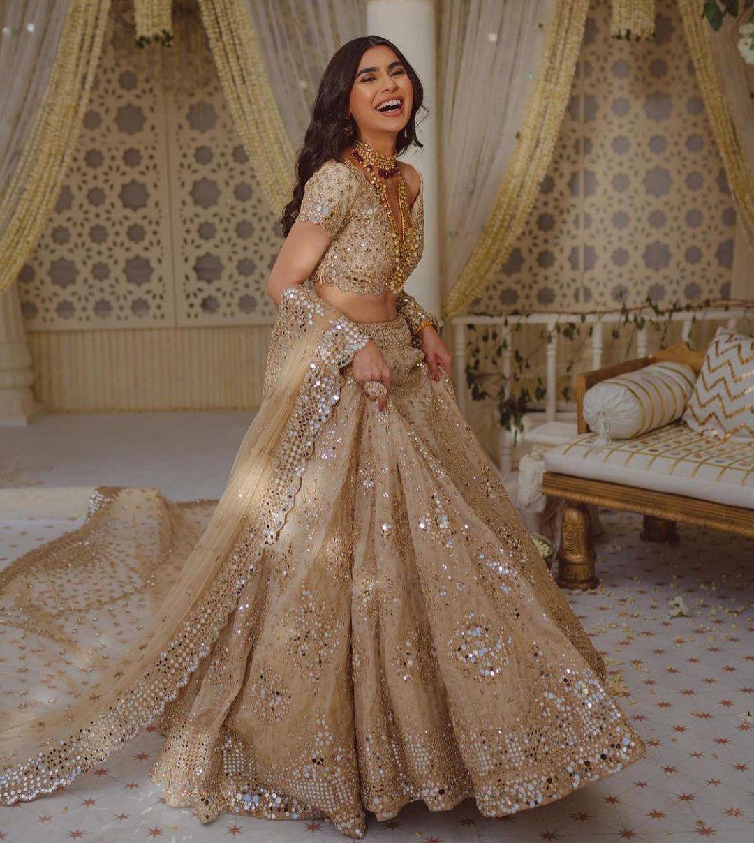 Cream Color Designer Soft Mono net embroidery foil work Lehenga with Cancan