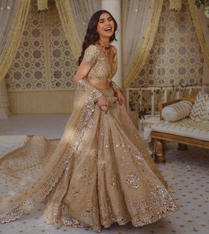 Cream Color Designer Soft Mono net embroidery foil work Lehenga with Cancan