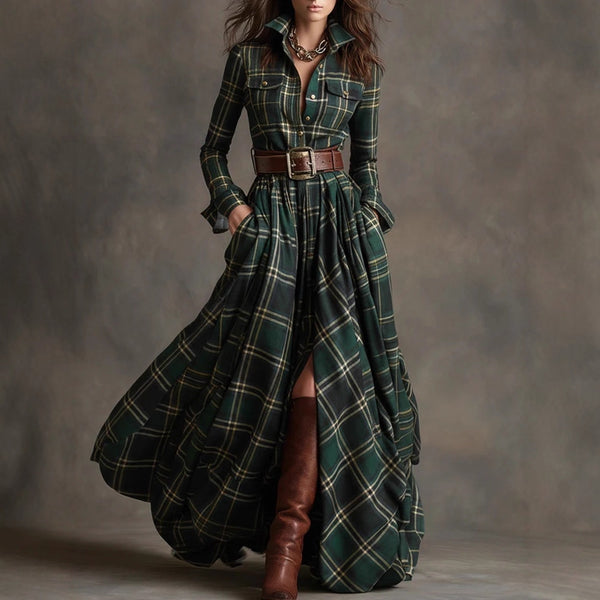 Ins Plaid Print Long-Sleeved Dress Fashion Pockets Collared Buttons Shirt Long Dresses Retro Women's Clothing