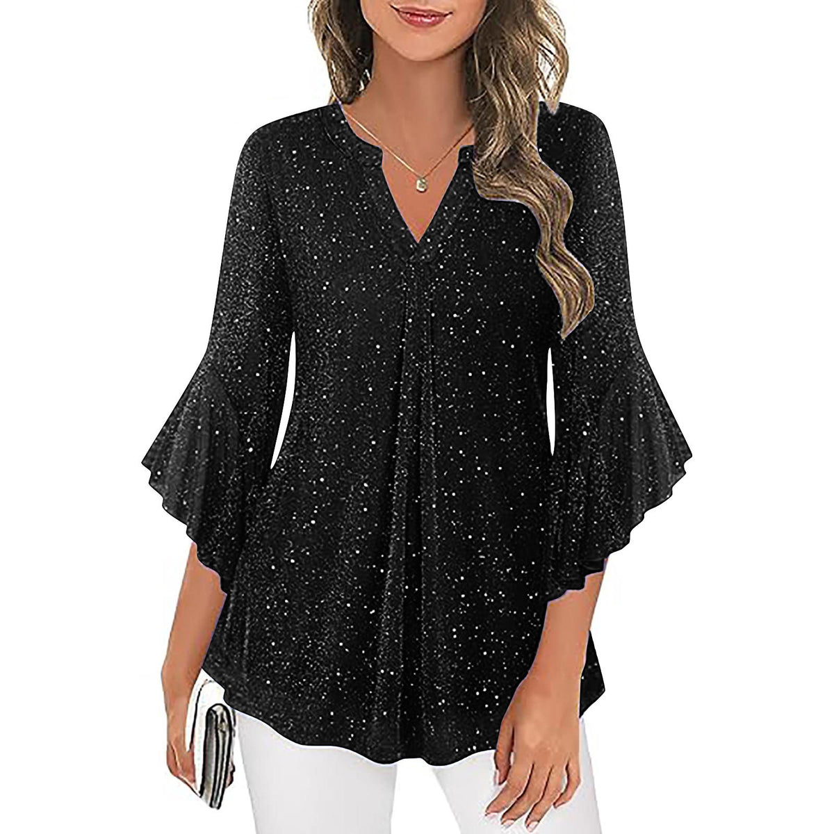 Womens Casual Silver-Thread Mesh V-Neck Petal Three-Quarter Sleeve Loose Top