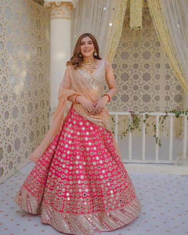 Pink Color Real Mirror Work Lehenga Choli for function wear
