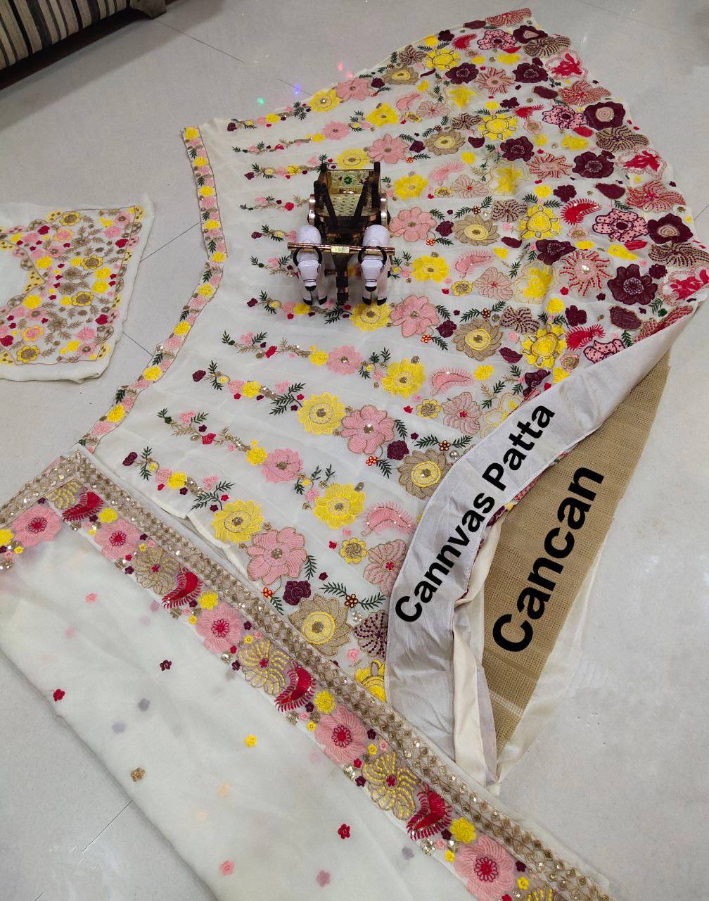 Cream Color Full Embroidery Work Lehenga with Cancan