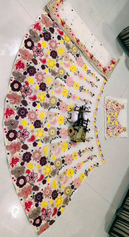 Cream Color Full Embroidery Work Lehenga with Cancan