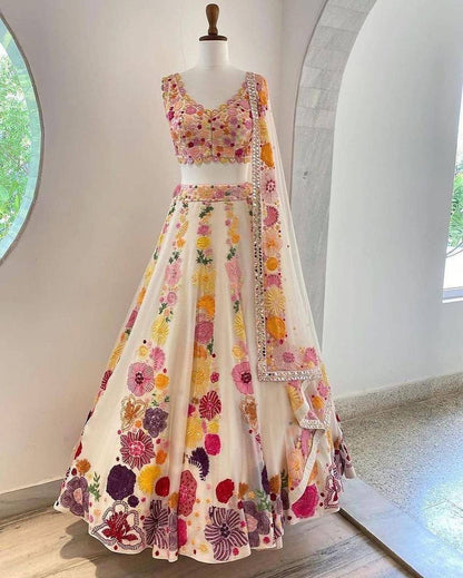 Cream Color Full Embroidery Work Lehenga with Cancan