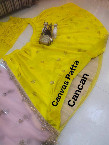 Yellow Color Satin Silk 3 Meter Flare Lehenga with Cancan