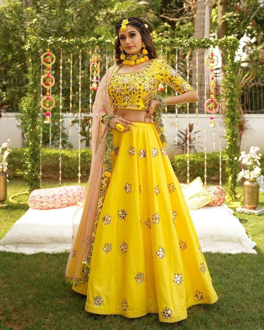 Yellow Color Satin Silk 3 Meter Flare Lehenga with Cancan