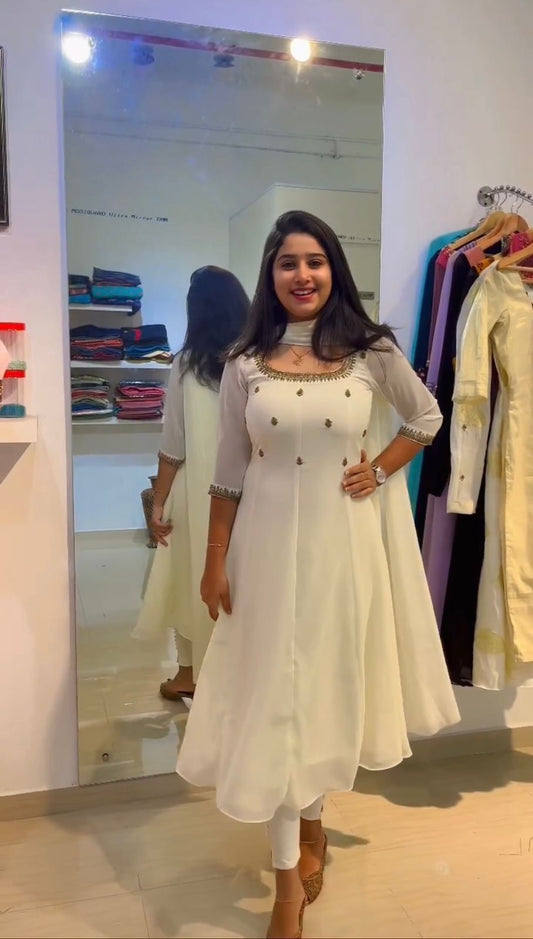 White Georgette Maxi Dress With Dupatta Pair