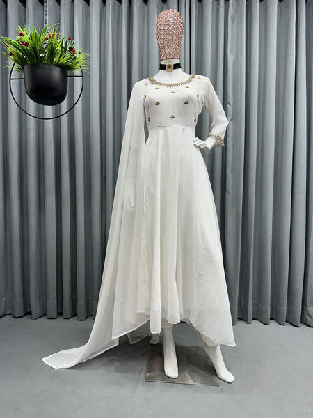White Georgette Maxi Dress With Dupatta Pair