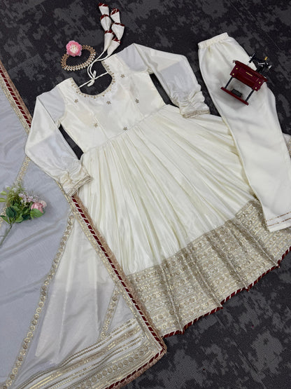 Elegant Chinon Silk Ethnic Set with Thread Sequence Embroidery